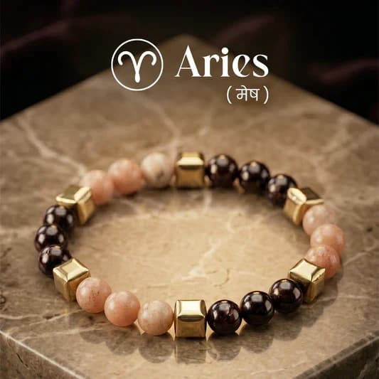 Red Garnet & Sunstone Zodiac Band – Aries (मेष राशि)